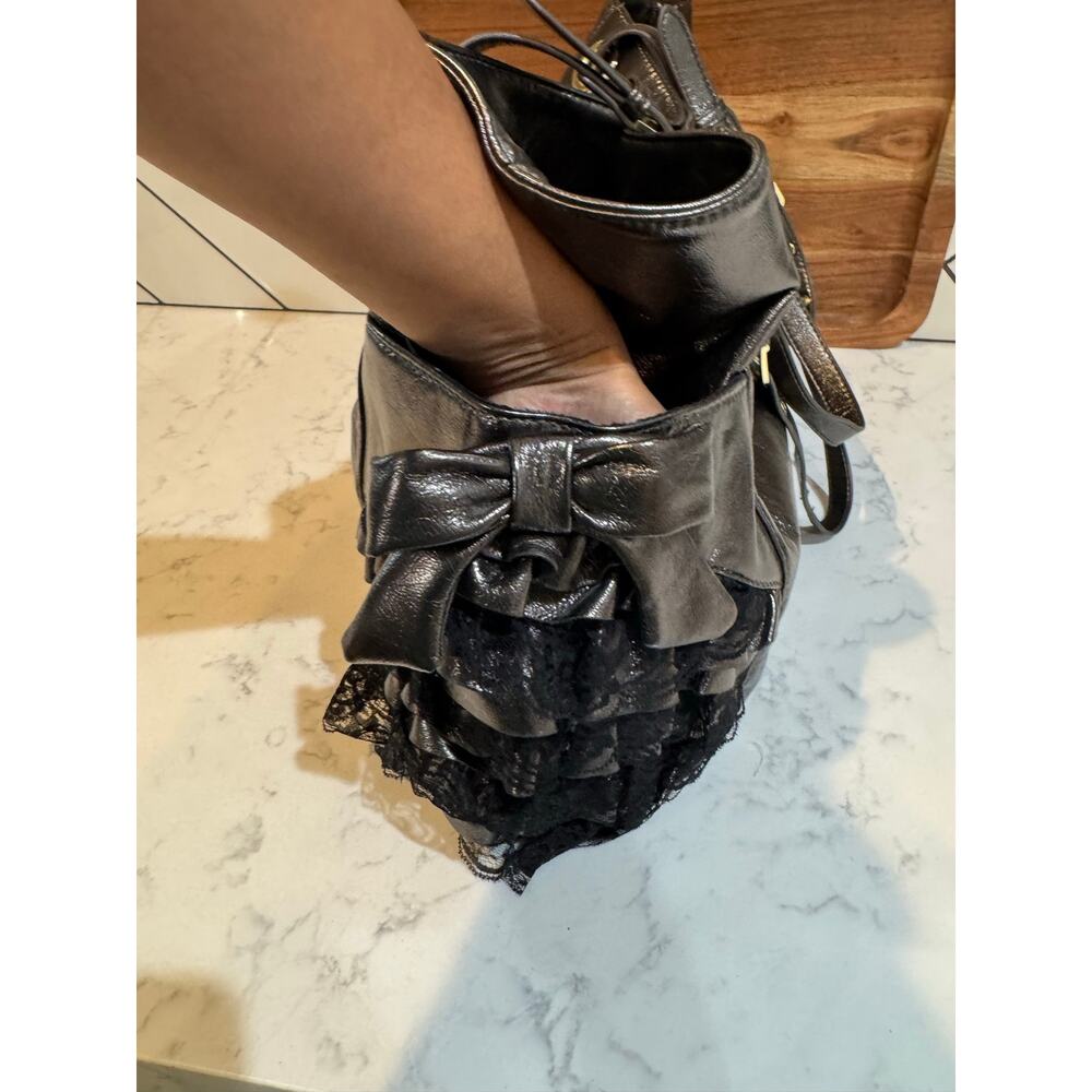 vintage Betsey Johnson Gunmetal Tote Bag with Ruffle Lace Accents 2006-2009 - Picture 8 of 16